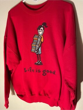 Life Is Good Red Crewneck with Book-Stack Cartoon